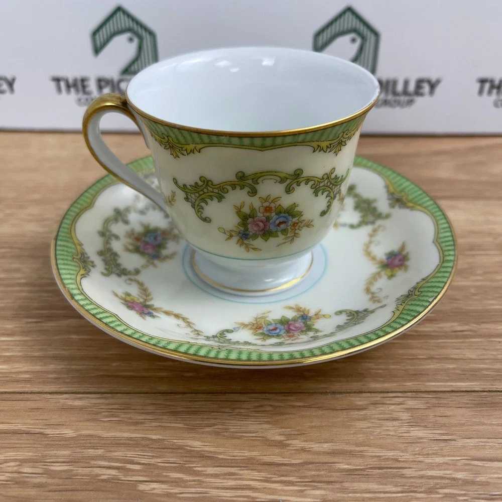 Noritake Marlene Demitasse Cup and Saucer Set Green Lattice Floral Gold Japan